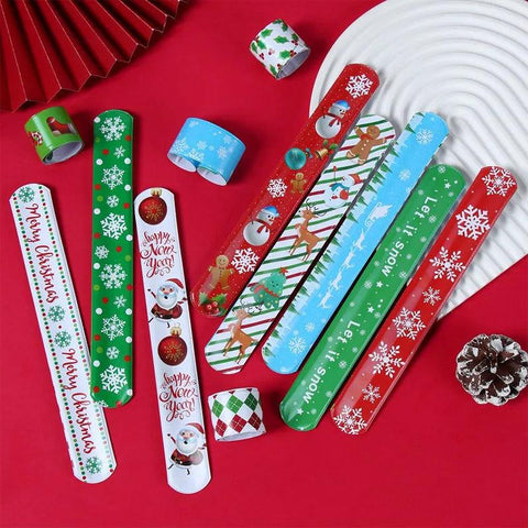 12pcs Christmas Slap Bracelets Santa Claus Snowman Elk Tree Printed Colorful PVC Wristband Child Kids Gifts Xmas Party Supplies