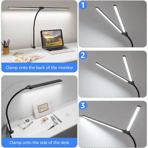 ShineTech Led Desk Lamp for Office Home, Bright Double Head Desk Light with Clamp, Architect Task Lamp 50 Lighting Modes Adjusta