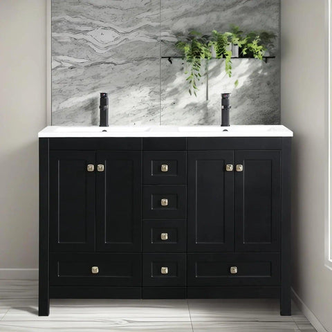 48" Bathroom Vanities Cabinet with Sink Combo Set, Undermount Double Resin Sink w/Thickened Wood, Matte Black Faucet