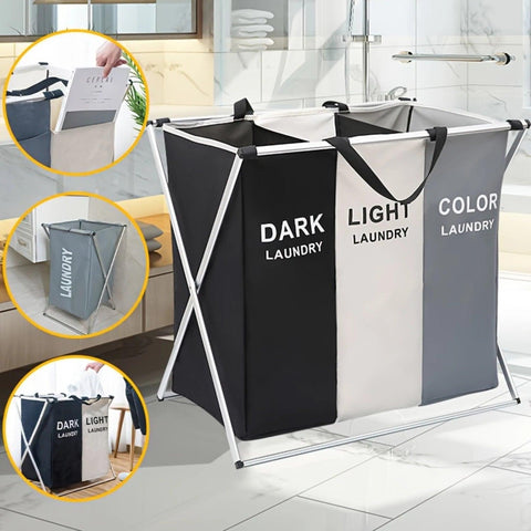 Foldable Laundry Cloth Hamper Sorter Basket Bin with Aluminum Frame, featuring 3 Sections for easy sorting of clean and dirty cl