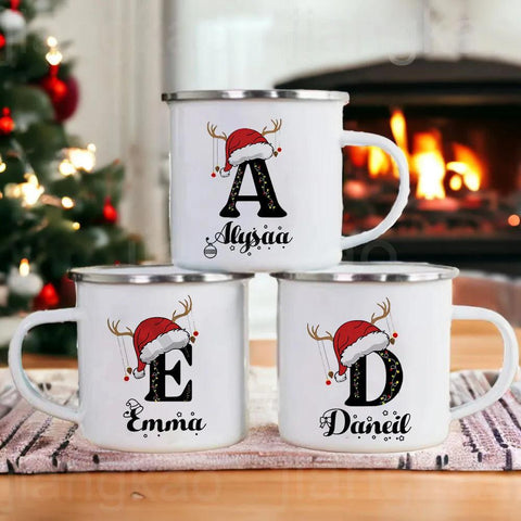 Personlized Christmas Cup Initial with Name Hot Cocoa Chocolate Mug Drink Jiuce Enamel Mugs Xmas Gifts for Kids Friends Family