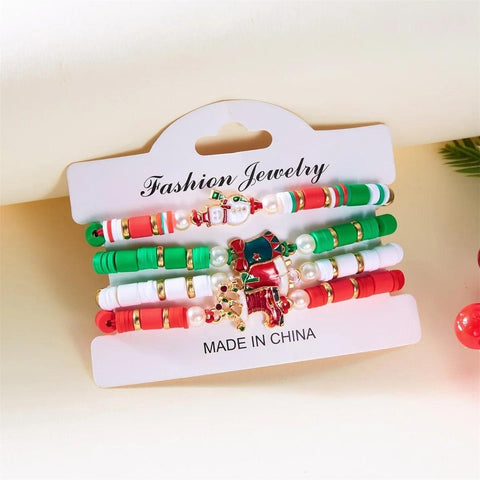 4Pc/Set Merry Christmas Tree Santa Claus Bracelet For Women Xmas Deer Crystal Polymer Clay Beads Woven Bracelet New Year Jewelry