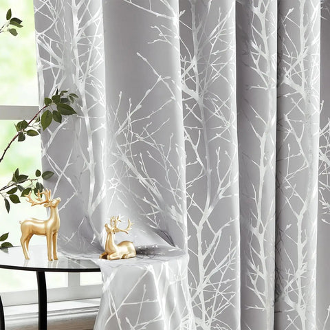 Metallic Tree Blackout Curtains Bedroom Length Living-Room Branch Print Curtain Panels Triple Weave Thermal Insulated Drapes