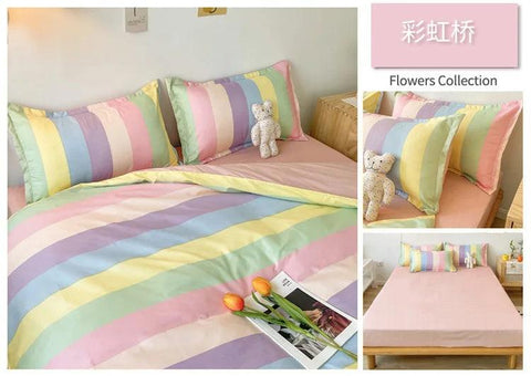 Cute Double Cotton Bedding Set with Four-Piece Linens, Pillowcase, Textile for Girl's Dormitory Bedclothes