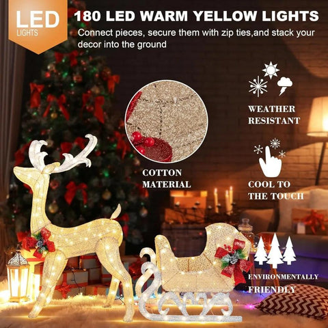 4FT Lighted Christmas Reindeer & Sleigh Outdoor Yard Decoration Set W/ 205 LED Lights & 8 Ground Stakes, Zip Ties, Art