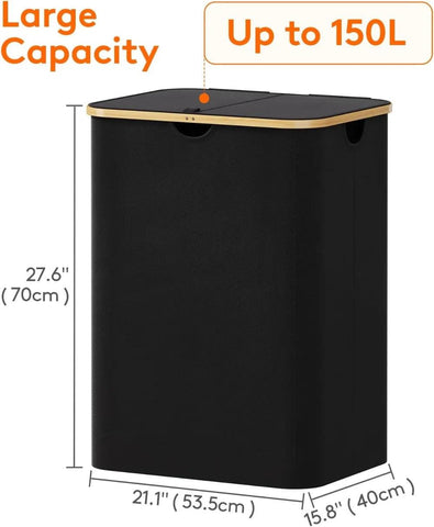 Laundry Basket with Lid/Laundry with Bamboo Handles and 2 Removable Laundry Bags/Large Foldable for Bedroom BathroomDorm Black