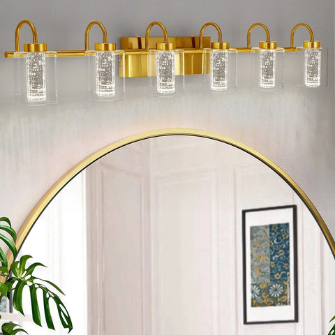 Brushed Gold Vanity Lights, Bathroom Light Fixtures Crystal Bubble Glass Dimmable 3 Color Temperatures Modern Wall Sconce