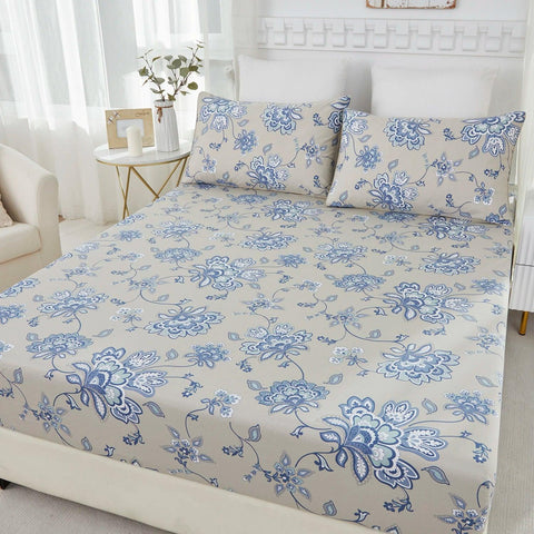 4pcs 600 TC 100% Egyptian Cotton Fitted Sheet Set (Without Core), Blue Floral in Boho Damask Paisley, Soft & Skin-friendly