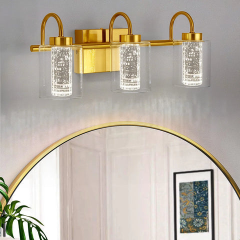 Brushed Gold Vanity Lights, Bathroom Light Fixtures Crystal Bubble Glass Dimmable 3 Color Temperatures Modern Wall Sconce