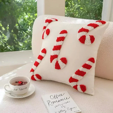 Christmas Pillowcase Christmas Hat Cane Pattern Hidden Zipper 3D Plush Pillowcase New Year's and Christmas Decoration