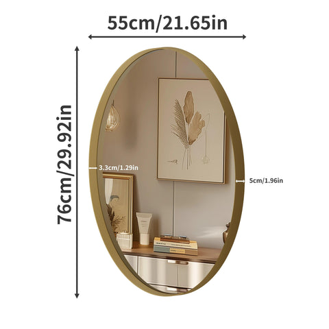 Oval Wall Mounted Mirror Gold Aluminum Framed Vanity Accent Mirror for Entryway Living Room Vertically or Horizontally