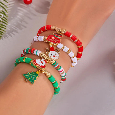 4Pc/Set Merry Christmas Tree Santa Claus Bracelet For Women Xmas Deer Crystal Polymer Clay Beads Woven Bracelet New Year Jewelry