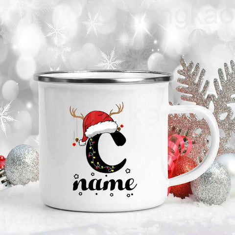 Personlized Christmas Cup Initial with Name Hot Cocoa Chocolate Mug Drink Jiuce Enamel Mugs Xmas Gifts for Kids Friends Family