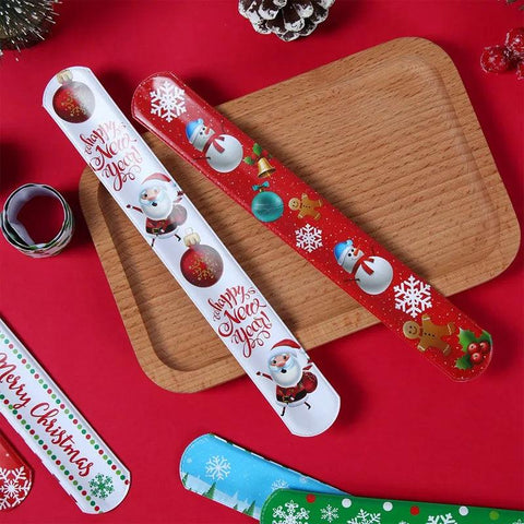 12pcs Christmas Slap Bracelets Santa Claus Snowman Elk Tree Printed Colorful PVC Wristband Child Kids Gifts Xmas Party Supplies