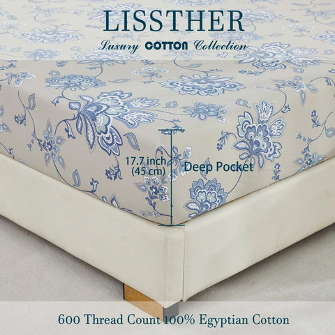 4pcs 600 TC 100% Egyptian Cotton Fitted Sheet Set (Without Core), Blue Floral in Boho Damask Paisley, Soft & Skin-friendly