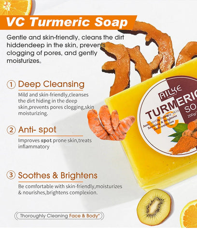 AILKE Natural Turmeric Soap Bar, Brighten, Remove Darkness, Acne, Pimples, Cleaning, Exfoliates, Uneven Skin Tone