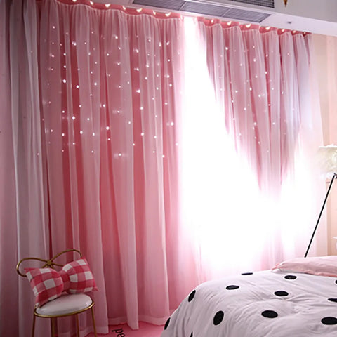 Bright Double Layer Blackout Star Hollow Curtains with Lace Tulle Fabric for Home Living Room Bedroom Window Decor