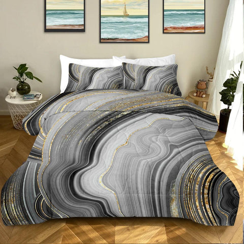 3 Piece Black and Gray Marble with Golden Lines Printed Comforter Set Comfortable Quilt Set Suitable for All Seasons Home Decor