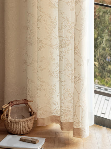 High grade mirror veil, gauze curtain, living room, bedroom bay window, curtain, and window screen, beige floral branch gauze