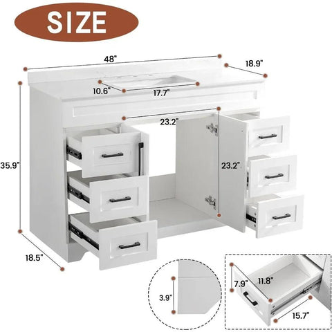 48" Luxurious Bathroom Vanity with White Stone Countertop and rectangle Sink and Back Splash,2 Soft Closing Doors