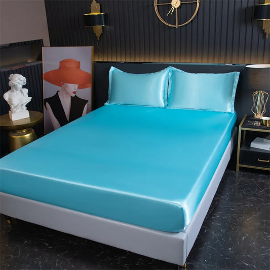 Luxury Satin Fitted Sheet High-End Solid Color Mattress Cover With Elastic Band Bedsheet 140x200 200x220 Fit Sheet