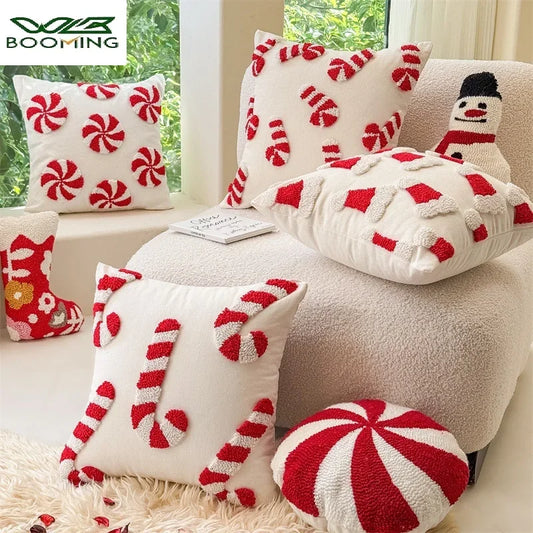 Christmas Pillowcase Christmas Hat Cane Pattern Hidden Zipper 3D Plush Pillowcase New Year's and Christmas Decoration