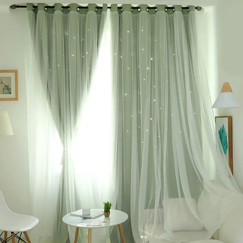 Bright Double Layer Blackout Star Hollow Curtains with Lace Tulle Fabric for Home Living Room Bedroom Window Decor