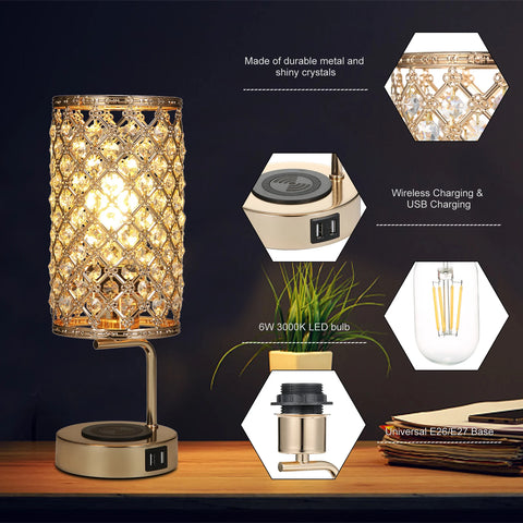 Bedside Lamp with 6W Bulb Neoglint Crystal Table Lamp Touch Desk Light Wirelessly Charger Dual USB Dimmable for Cafe Shop