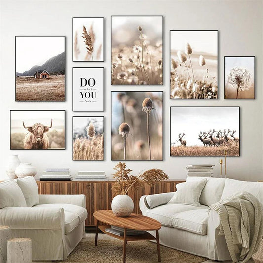 Natural Beige Reed Dandelion Grass Cow Canvas Art Nordic Wall Decor for Living Room