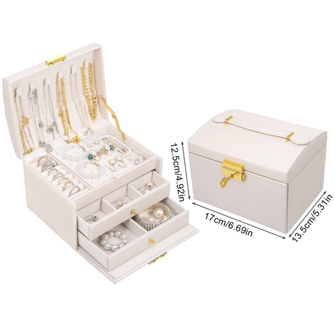 Jewelry Box 3 Layers, Jewelry Organizer with 2 Drawers, Portable Jewelry Case with Handle, Lockable Jewelry Storage