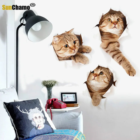 Sunchamo Cute Cat 3D Cracked Toilet Sticker Wall Stickers Fridge Car Seat  DIY Living Bath Room Home Decor Wallstickers Bedroom