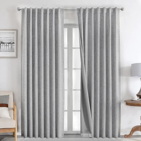 Blackout Linen Curtains Long 100% Blackout Drapes 95 inch Length 2 Panels Set