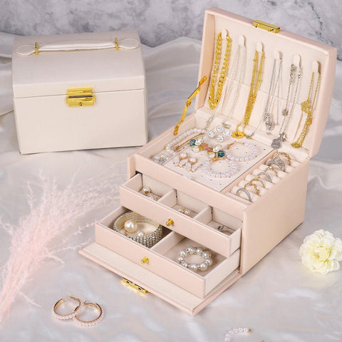 Jewelry Box 3 Layers, Jewelry Organizer with 2 Drawers, Portable Jewelry Case with Handle, Lockable Jewelry Storage