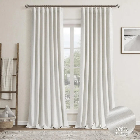 Natural Linen 100% Black Out Curtains 108 Inches Long 2 pcs Set for Bedroom Cream White Pinch Pleated Thermal Insulated Energy