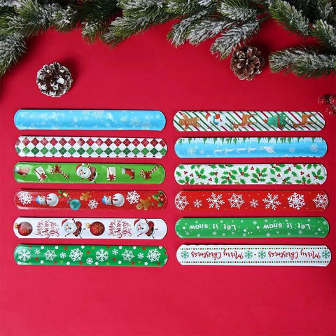 12pcs Christmas Slap Bracelets Santa Claus Snowman Elk Tree Printed Colorful PVC Wristband Child Kids Gifts Xmas Party Supplies