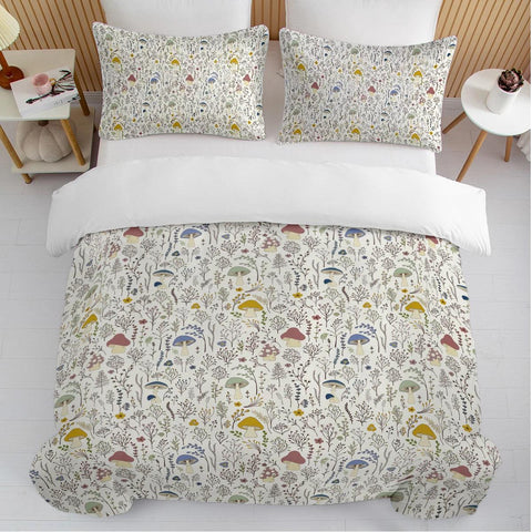 3pc Wild Mushrooms Design Bedding Set Different Mushrooms Quilt Cover with Zipper Closure 1 Duvet Cover and 2 Pillow Cases