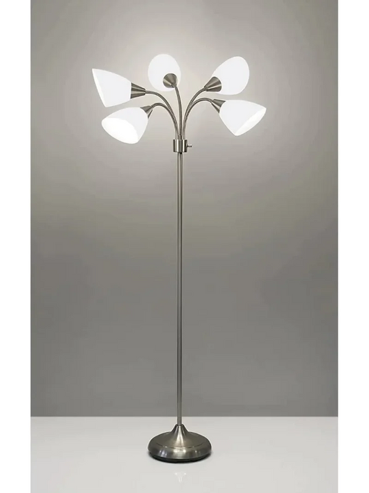 Five Light Floor Lamp, Brushed Steel, White Frosted Plastic Shade Room Decor