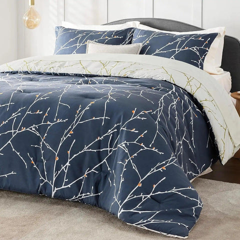 Comforter Sets - Bed in a Bag Queen 7 Pieces Reversible Navy Blue Flroal Bed Set Tree Branch Pattern Printed