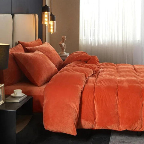 Velvet Burnt Orange Duvet Cover Queen Size, Soft Flannel Duvet Cover with Zipper Solid Breathable Silky Velour Comforter