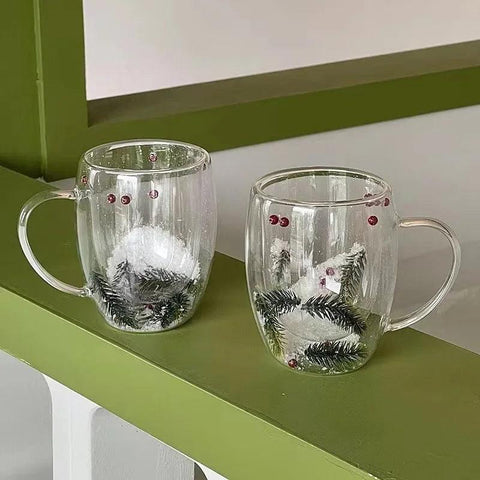 200/350ML Double Wall Glass Cup Creative Christmas Gift Theme Snow Scene Coffee Mug Heat Resistant for Hot Cold Beverages Cup