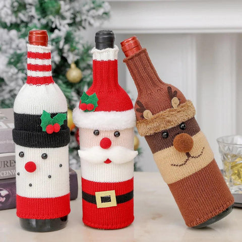 Christmas Santa Knitted Wine Bottle Case Elk Snowman Red Wine Champagne Bottle Cloth 2024 Merry Christmas Decor Happy New Year