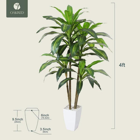 Artificial Plants, 4FT Dracaena Tree Faux Plants with White Taper Planter, Tall Fake Plant for Indoor, Fake Tree for Home Decor