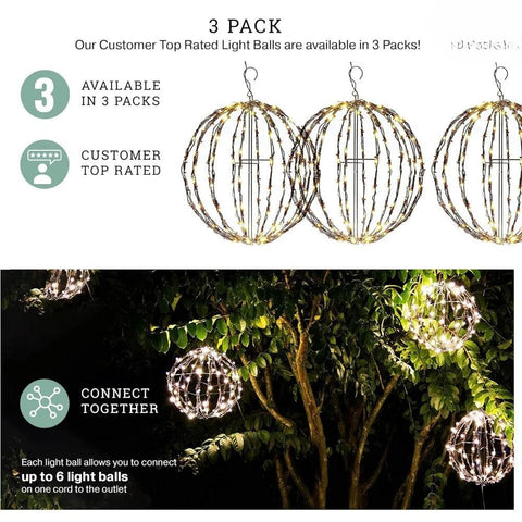 3 Pack 16” Outdoor/Indoor LED Christmas Light Balls. Durable, Waterproof, Long-lasting, Lightweight Bright Light Ball.