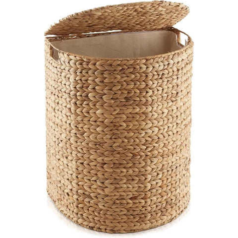 Half Moon Laundry Hamper with Lid and Removable Liner Bag - Natural, Woven Water Hyacinth Laundry Basket for Clothes