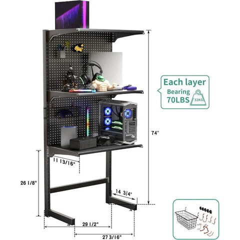 DDB Gaming Standing Shelf Units, 30‘’ Free Standing Gaming Shelf Pegboard Cabinet with Home Office Metal Pegboard and 15 Pieces