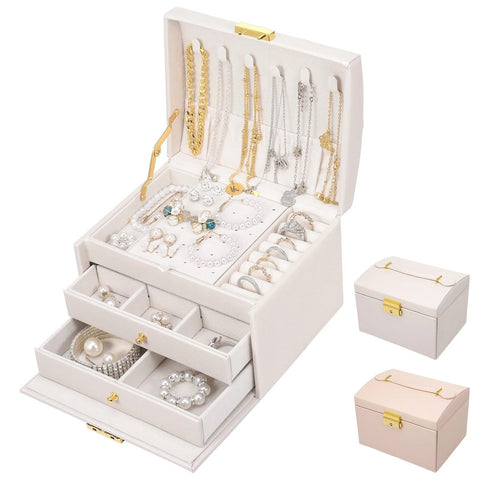 Jewelry Box 3 Layers, Jewelry Organizer with 2 Drawers, Portable Jewelry Case with Handle, Lockable Jewelry Storage