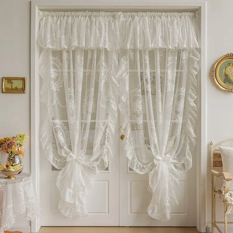 French  Elegant White Embroidery Ruffle Tulle Curtains with Valance For Girls Bedroom Living Room Sheer Drapes Rideaux Voilage