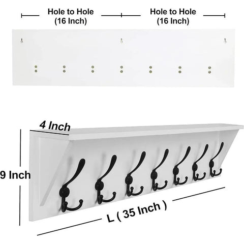 Hat rack wall mounted shelf, with 7 three hook 35 inch heavy-duty wooden entrance shelves, with hooks, white