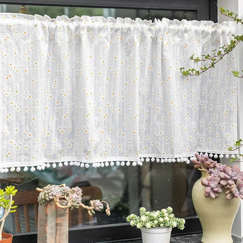 Korean Cotton Daisy Curtains Road Pocket Shade Curtain Floral Tassel for Kitchen Bedroom Living Room Bay Window Cabinet Curtain