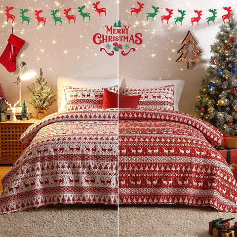 Christmas Quilt Set Queen/King Size Boho Bedspread Coverlet Sets with Christmas Tree Reindeer Snowflakes Reversible Pattern for